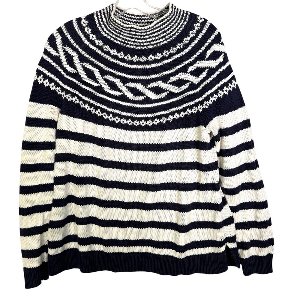 Talbots Womens Tunic Sweater Blue White Striped Mock Neck Long Sleeve
